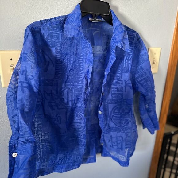 Chico's Design Linen Nylon Button Down Printed Collar Top Size 0 Large - Picture 3 of 8